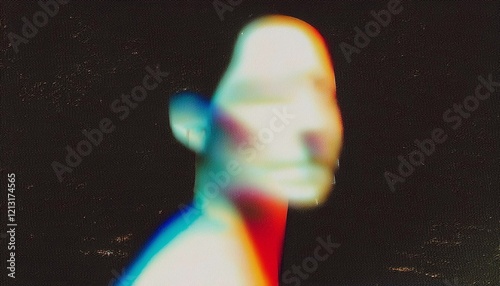 Iridescent blurry grainy face silhouette photo on black background