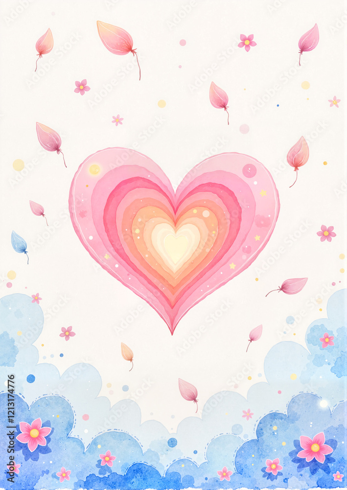 Glowing heart amidst scattered petals, love and beauty Glowing heart amidst scattered petals, love and beauty