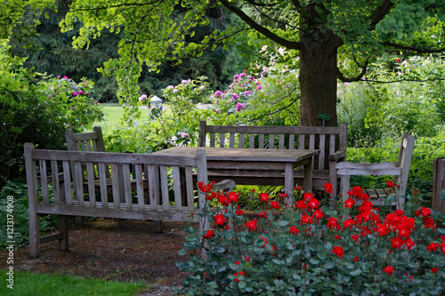 wooden benches and a table in the beautiful summer garden with lots of lush greenery and red roses (Augsburg, Germany)