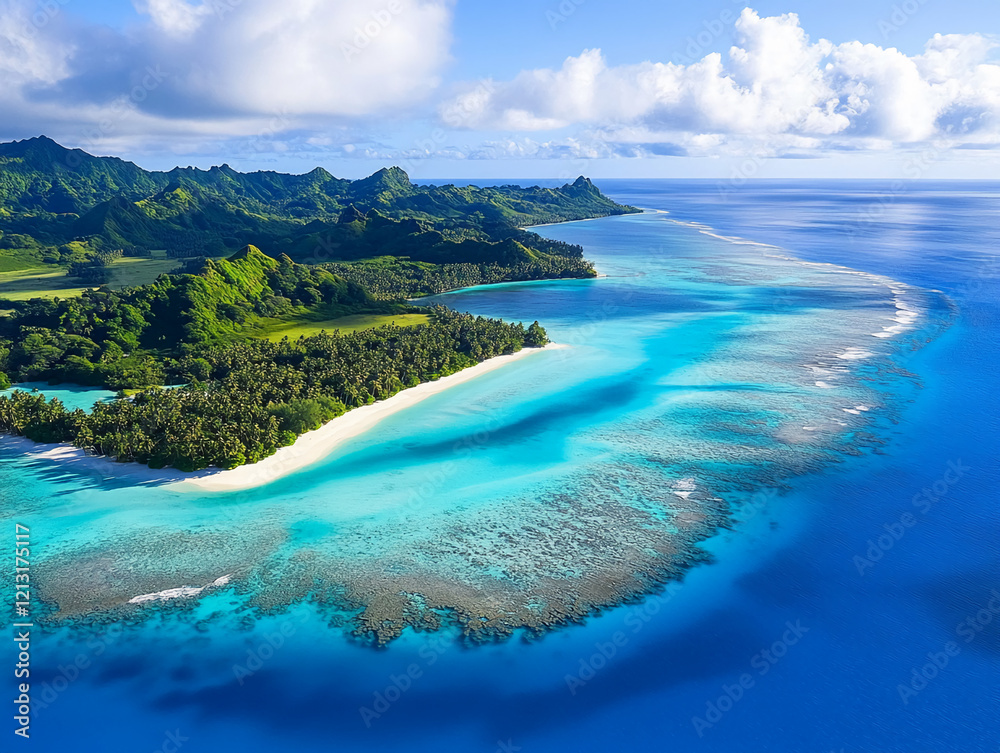 Fototapeta premium Aerial View of Pristine Tropical Island with Lush Greenery and Turquoise Lagoon