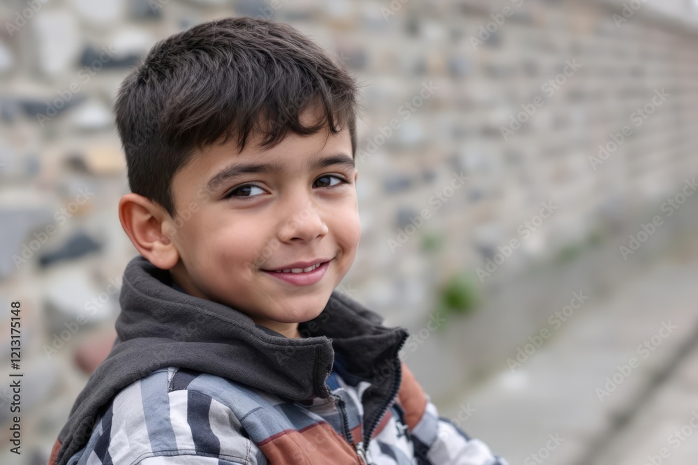 Close Up of Six Year Old Boy with Seawall in Background Close Up of Six Year Old Boy with Seawall in Background
