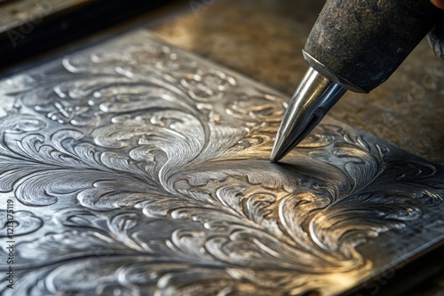 A skilled craftsman focuses on engraving an intricate pattern into a metal plate. The close-up detail showcases precision and artistry in the craftsmanship process photo