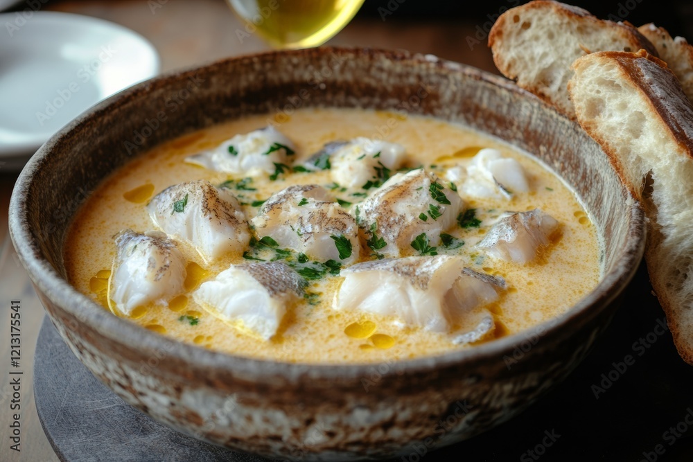 This delightful creamy fish chowder showcases tender pieces of fish in a rich broth, beautifully presented in a rustic bowl, accompanied by fresh bread, ideal for a comforting meal This delightful creamy fish chowder showcases tender pieces of fish in a rich broth, beautifully presented in a rustic bowl, accompanied by fresh bread, ideal for a comforting meal