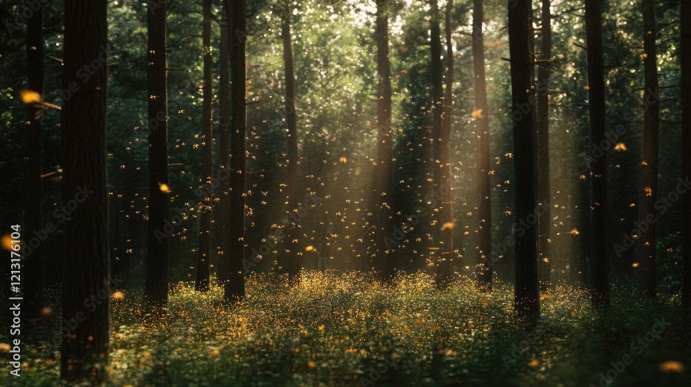 Sunlight streaming through a forest with glowing insects and wildflowers below creating a magical scene Sunlight streaming through a forest with glowing insects and wildflowers below creating a magical scene