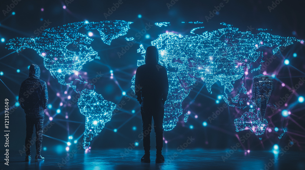 Obraz premium Hacker are planning to hack and attack networks and cyber security systems.team people innovation connection of line from nail node to node on map background , networking concept