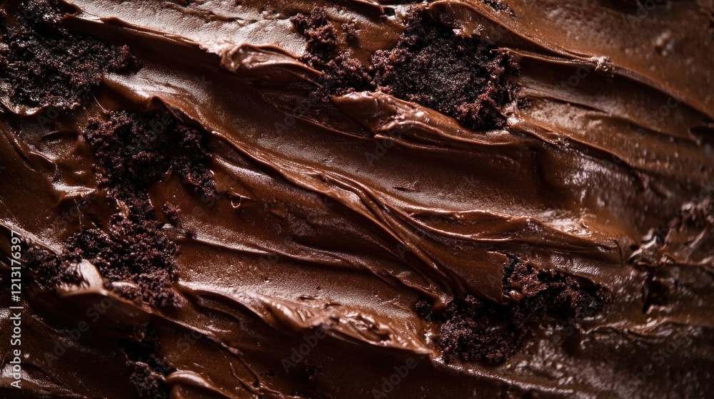 Fototapeta premium Close up of a dark chocolate cake with a rich frosting texture and cake crumbs on the surface