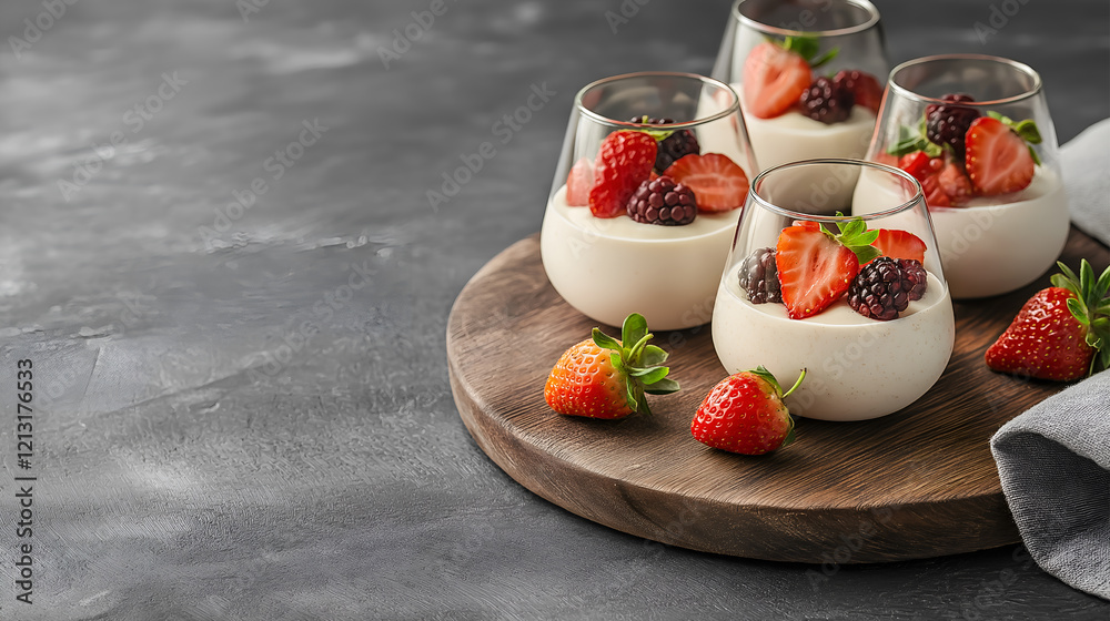 Panna cotta with strawberry and cream in glasses with fresh berries on a wooden board on a gray background with napkin. Traditional Italian sweet dessert concept Panna cotta with strawberry and cream in glasses with fresh berries on a wooden board on a gray background with napkin. Traditional Italian sweet dessert concept
