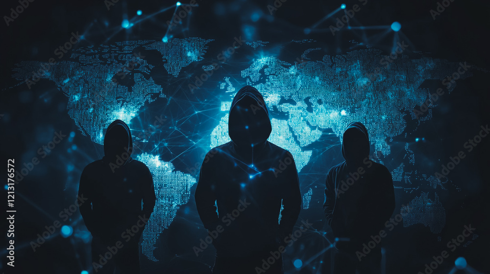 Obraz premium Hacker are planning to hack and attack networks and cyber security systems.team people innovation connection of line from nail node to node on map background , networking concept