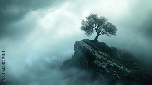 Solitary Tree on a Cliff Surrounded by Mist