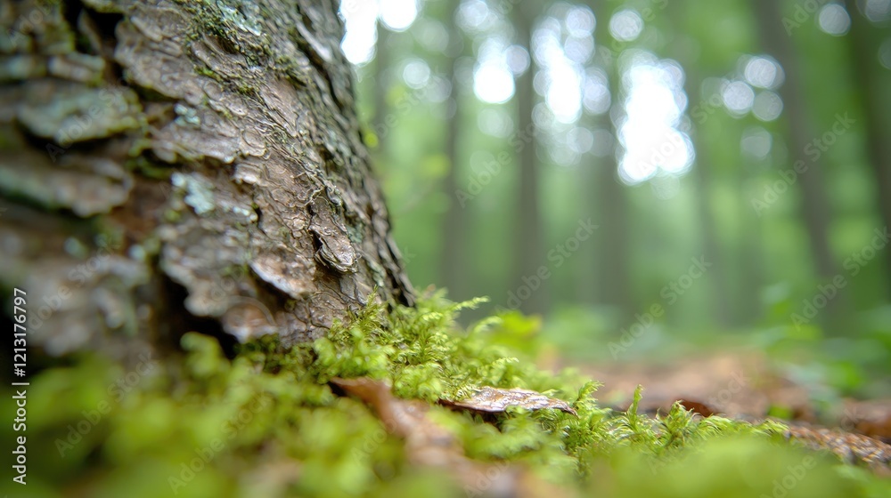 Obraz premium Forest floor moss, tree bark, sunlight, calm background. Nature photography for website, blog