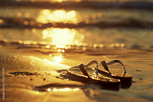Flip-flops rest on wet sand at sunset by the ocean. Concept of relaxation and beach lifestyle. For travel inspiration or summer vacation themes. photo
