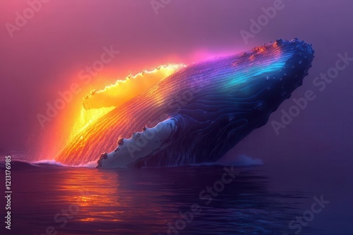 majestic humpback whale breaching at sunset creating a rainbow mist golden light illuminating its massive form against dramatic purpleorange sky droplets sparkling photo