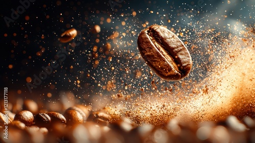 Roasted bean explodes, coffee dust, dark background, ad photo