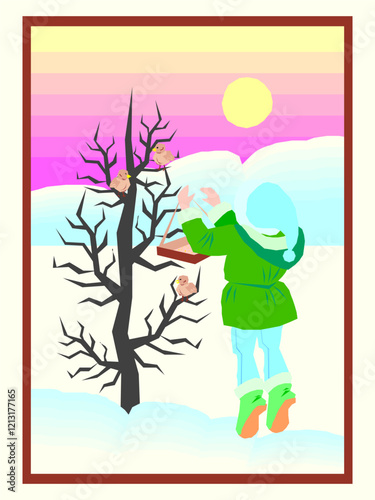Feeding the Birds in Winter vector clipart illustration