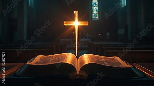 Glowing cross casting light on the open pages of the Bible inside a serene church