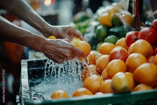 Fresh oranges being washed at a market stall photo