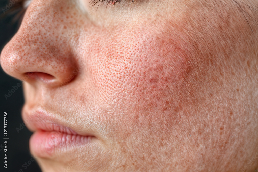 The image is a close-up of a person's face, showing a section of the cheek and nose The image is a close-up of a person's face, showing a section of the cheek and nose