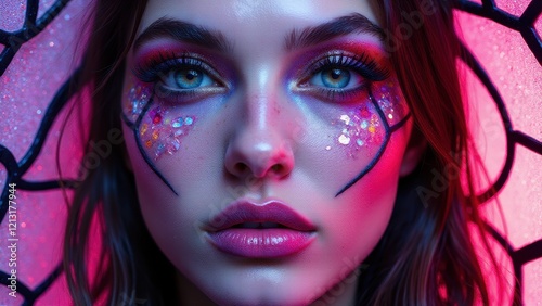 Creative experimental makeup featuring colorful stained glass designs on a woman, redefining modern fashion. photo