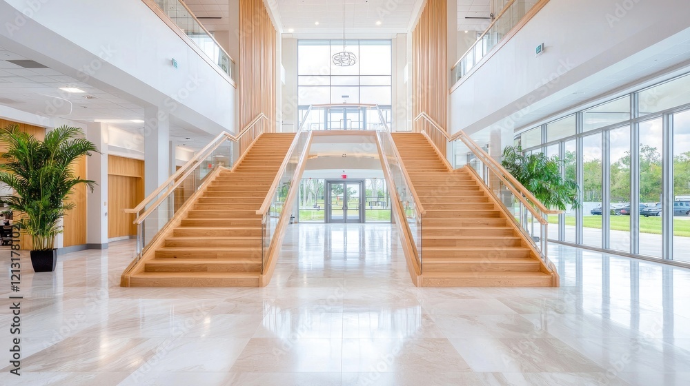 Obraz premium Modern building lobby with double staircases, bright interior, and outdoor view; ideal for corporate brochures