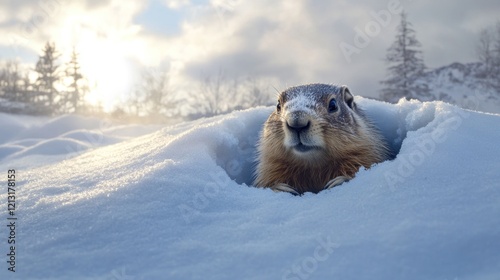 A cute Groundhog emerges from its snowy burrow in a winter wonderland landscape