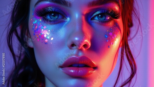 Bold experimental makeup on a woman with stained glass patterns, creating a vibrant and artistic fashion statement. photo