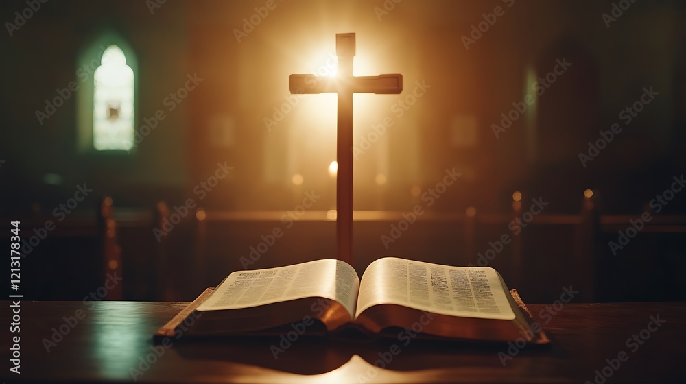 Cross glowing above an open Bible in a softly lit church environment Cross glowing above an open Bible in a softly lit church environment