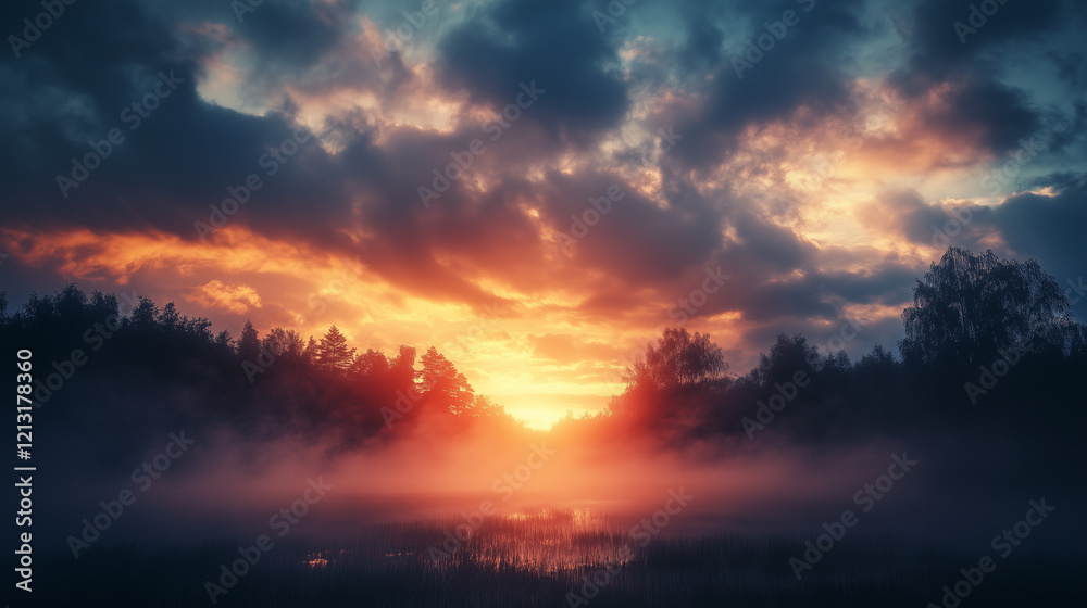 Fototapeta premium Dramatic Sunset Over a Misty Forest Lake