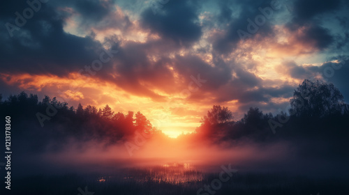 Dramatic Sunset Over a Misty Forest Lake