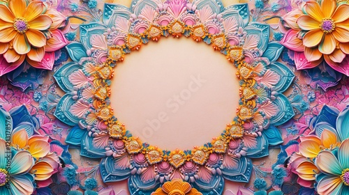 Colorful Mandala frame with floral elements and decorations. Spirituality and mindfulness concept. Copy space. Generative AI photo