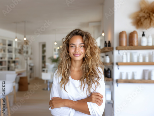 Confident young woman standing with arms crossed in bright modern beauty salon interior Free Download Confident young woman standing with arms crossed in bright modern beauty salon interior - GFXLoad