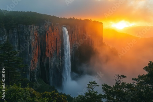 majestic mountain waterfall cascading through mistshrouded cliffs at sunrise pristine wilderness reflecting golden morning light photo
