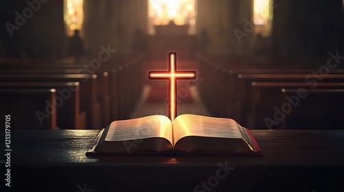 Open Bible with a glowing cross casting its light in a peaceful, darkened church
