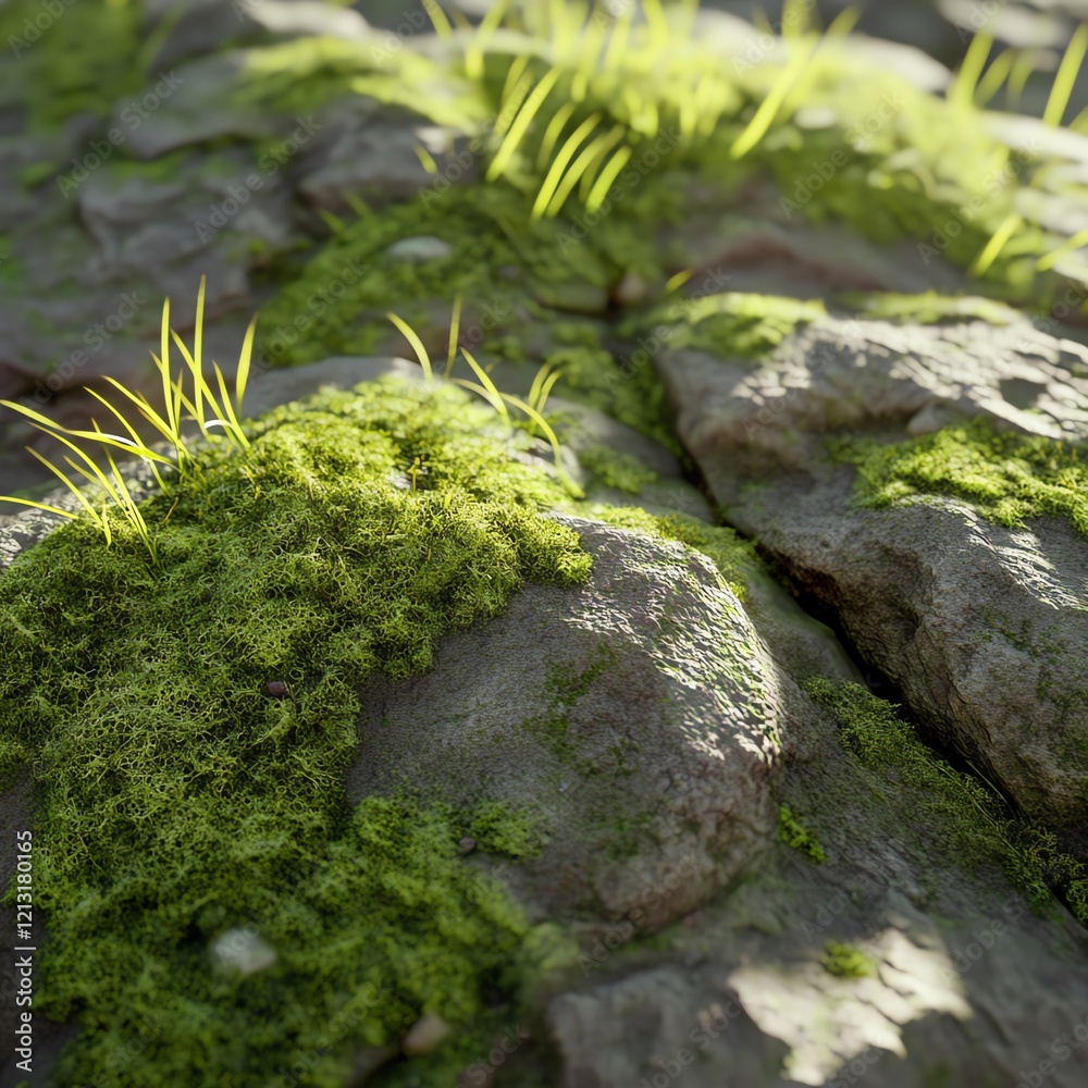 Close-up of vibrant green moss growing on textured rocks. Natural sunlight illuminates the scene. Close-up of vibrant green moss growing on textured rocks. Natural sunlight illuminates the scene.