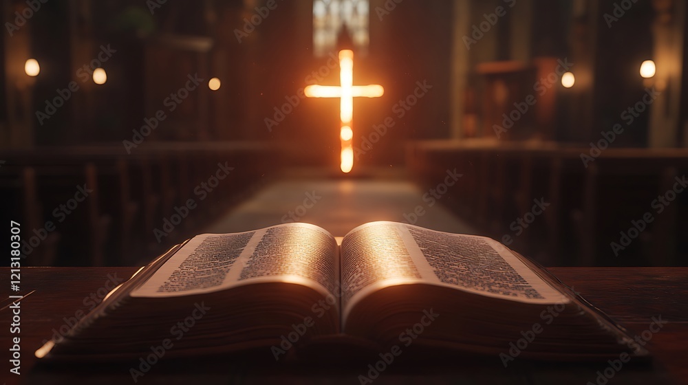 Radiant cross casting its glow on the open pages of the Bible in a serene church setting