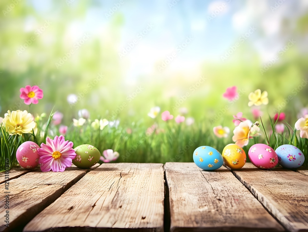 Wooden table with easter or spring theme blurred background Wooden table with easter or spring theme blurred background