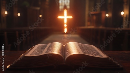 Obraz na płótnie Radiant cross casting its glow on the open pages of the Bible in a serene church setting w salonie