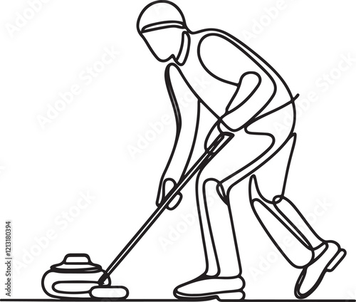 Curling Athlete in Action. Sweeping Ice with Intensity - Vector Line Drawing