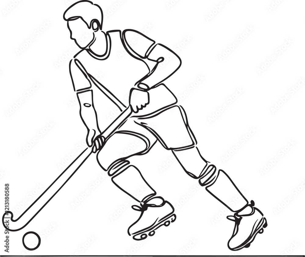 Fototapeta premium Vector Line Drawing of Field Hockey Player Moving Toward Goal with Ball