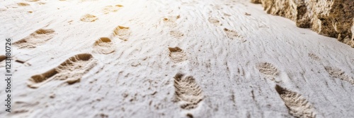 Footprints on sandy beach leading to rocky cliff on a sunny day