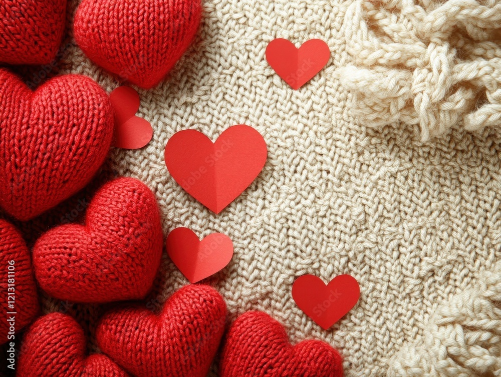 Fototapeta premium Knitted Red Hearts on Beige Knit Sweater Valentine s Day Background