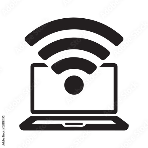 Simple, black and white graphic icon depicting a laptop computer with a wireless signal displayed above.