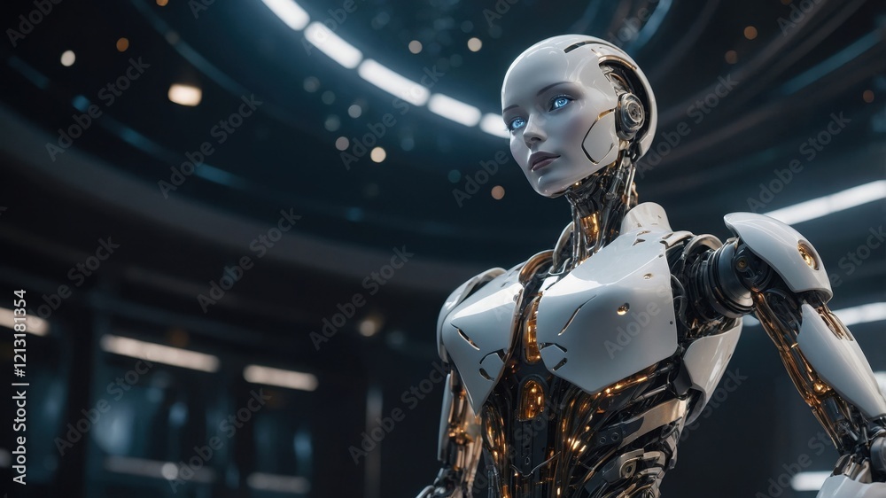 Humanoid female robot stands in a futuristic lab with advanced technology and bright lights during a research and development session Humanoid female robot stands in a futuristic lab with advanced technology and bright lights during a research and development session