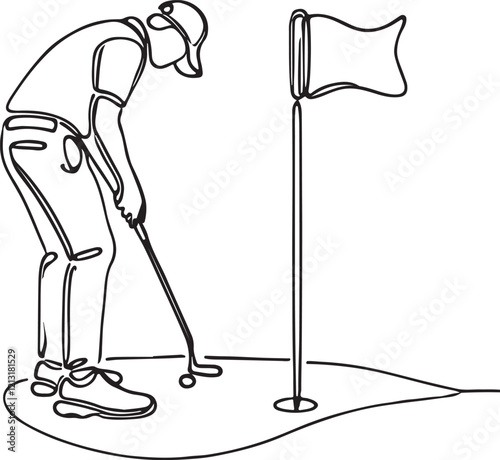 Line Art of Golfer Aiming Putt on Golf Green with Flag in Detail