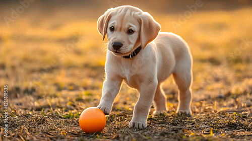 Cute yellow lab puppy plays with bright orange ball during golden hour in a grassy field