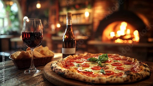 Rustic wooden table displaying appetizing pizza slice alongside red wine glass, traditional brick pizza oven softly blurring background