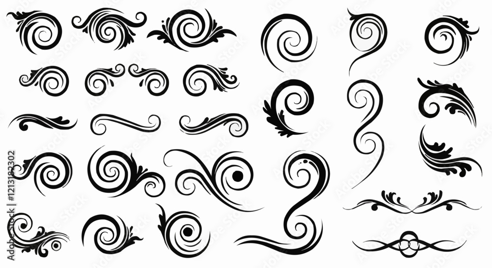 Decorative swirl and spiral vector silhouette set, perfect swirl for graphic design . Elegant shapes add a stylish touch to invitations , logos , tattoos , and art projects