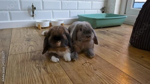 Two cute lop eared rabbits, best friends. Indoor free roam rabbits. Happy baby bunnies. 