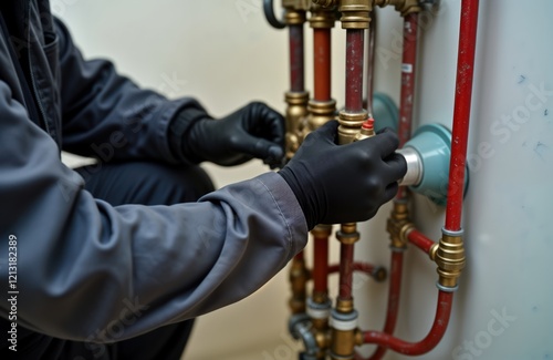 Plumber wearing protective gloves repairs water heater tank. Skilled technician performs efficient plumbing maintenance. Pro plumbing service ensures high quality. Expert installs plumbing system.