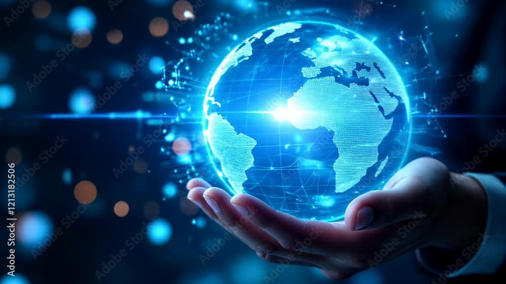 Glowing blue digital Earth hologram floating above outstretched hand. Global technology network visualization. Future tech concept for digital transformation with copy space Glowing blue digital Earth hologram floating above outstretched hand. Global technology network visualization. Future tech concept for digital transformation with copy space