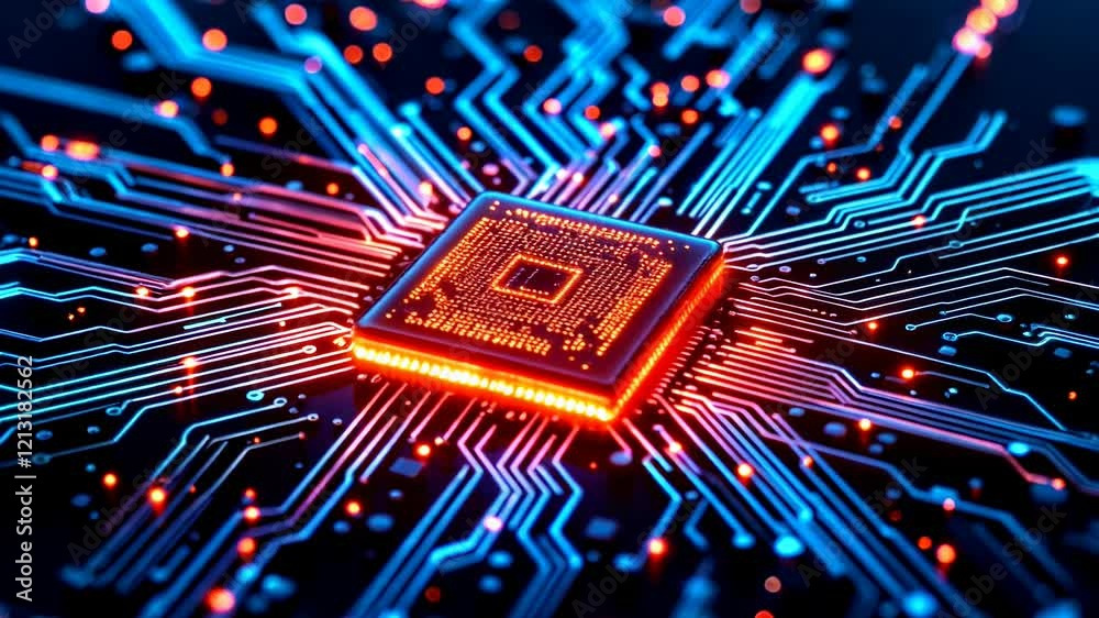 Glowing Computer Processor CPU with Circuit Board Paths in Neon Blue and Orange Colors. Modern Technology, Digital Innovation and Computing Power Visualization with Free Space for Text